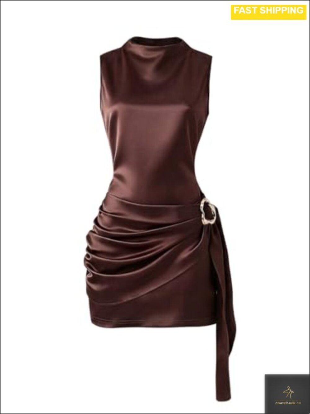 Satin Ruched Bodycon Mock Neck Sleeveless Tie Side Mini Dress